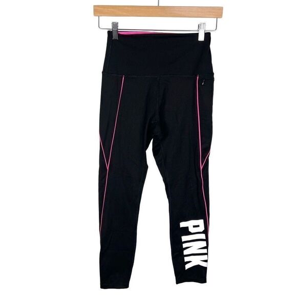 VS Pink High Rise Leggings Workout Athletic Athleisure Black Pink White Logo S - Picture 1 of 11